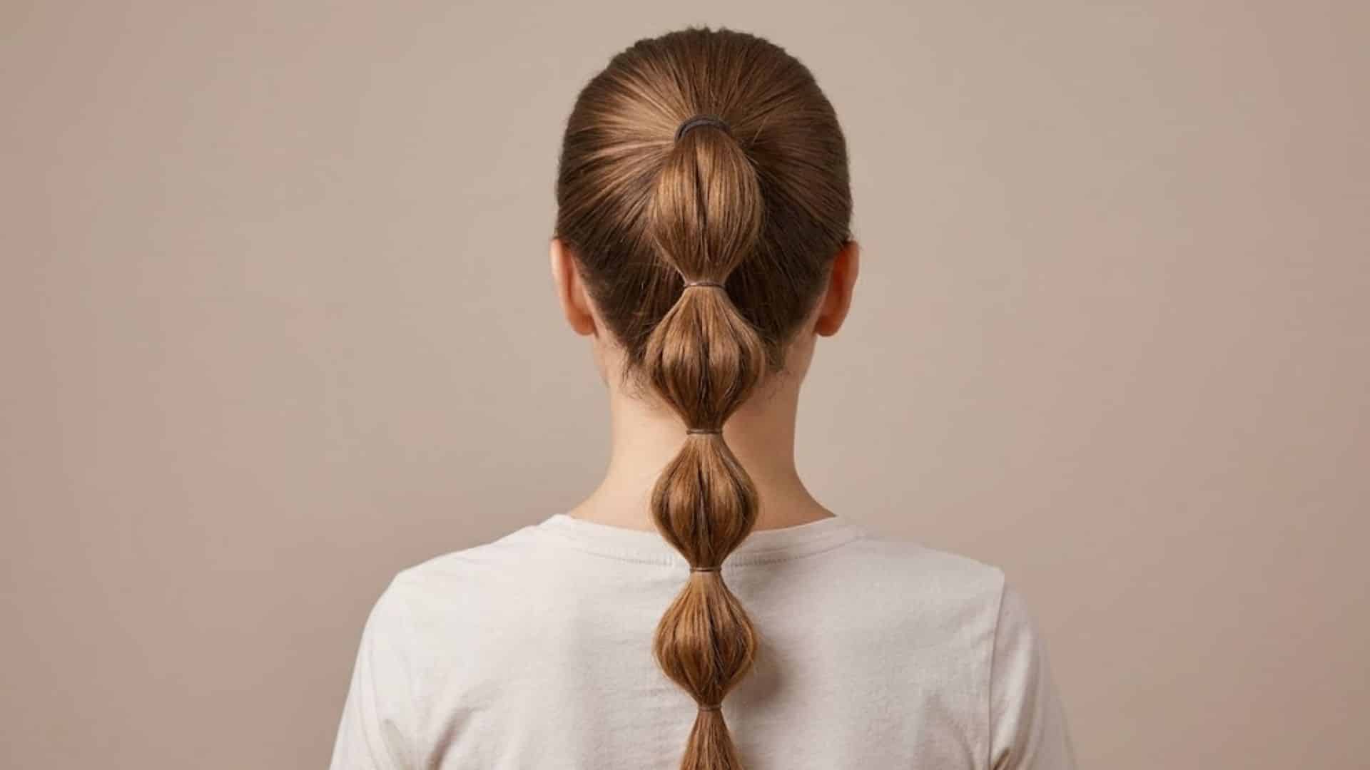 Sleek ponytail sectioned into bubbles with small hair ties
