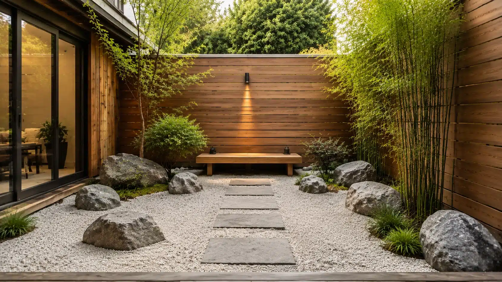 Small courtyard zen garden with gravel, stones, wooden seating, and minimalist Japanese design.