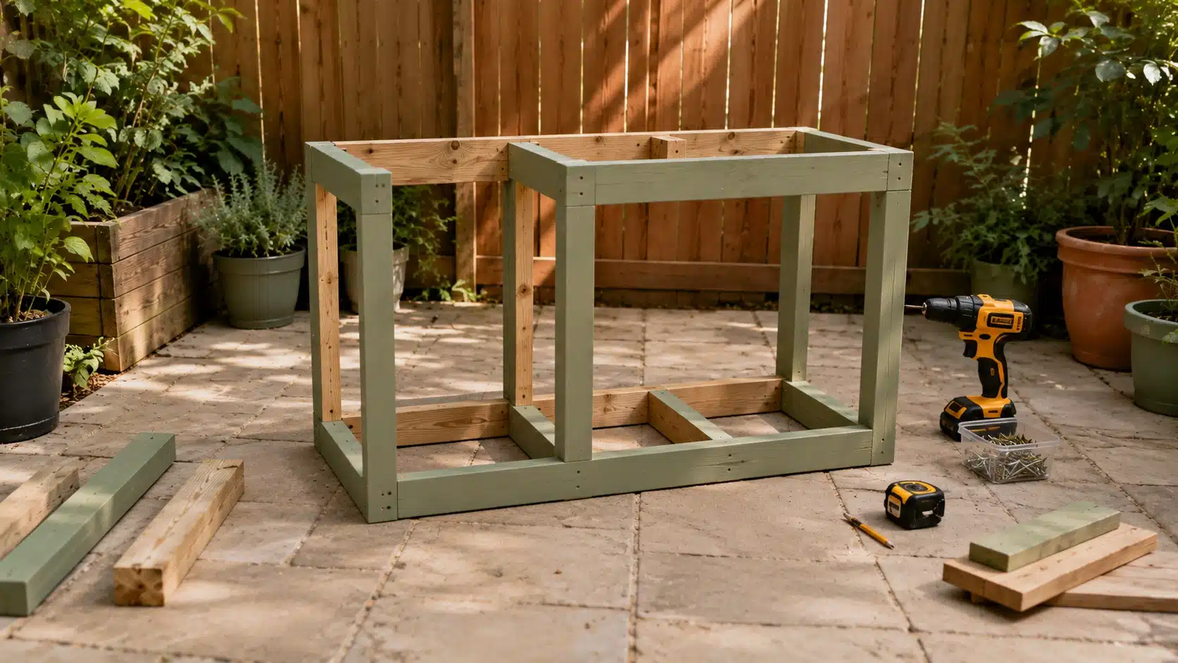 Mud kitchen frame being assembled on a patio with tools and timber in place.