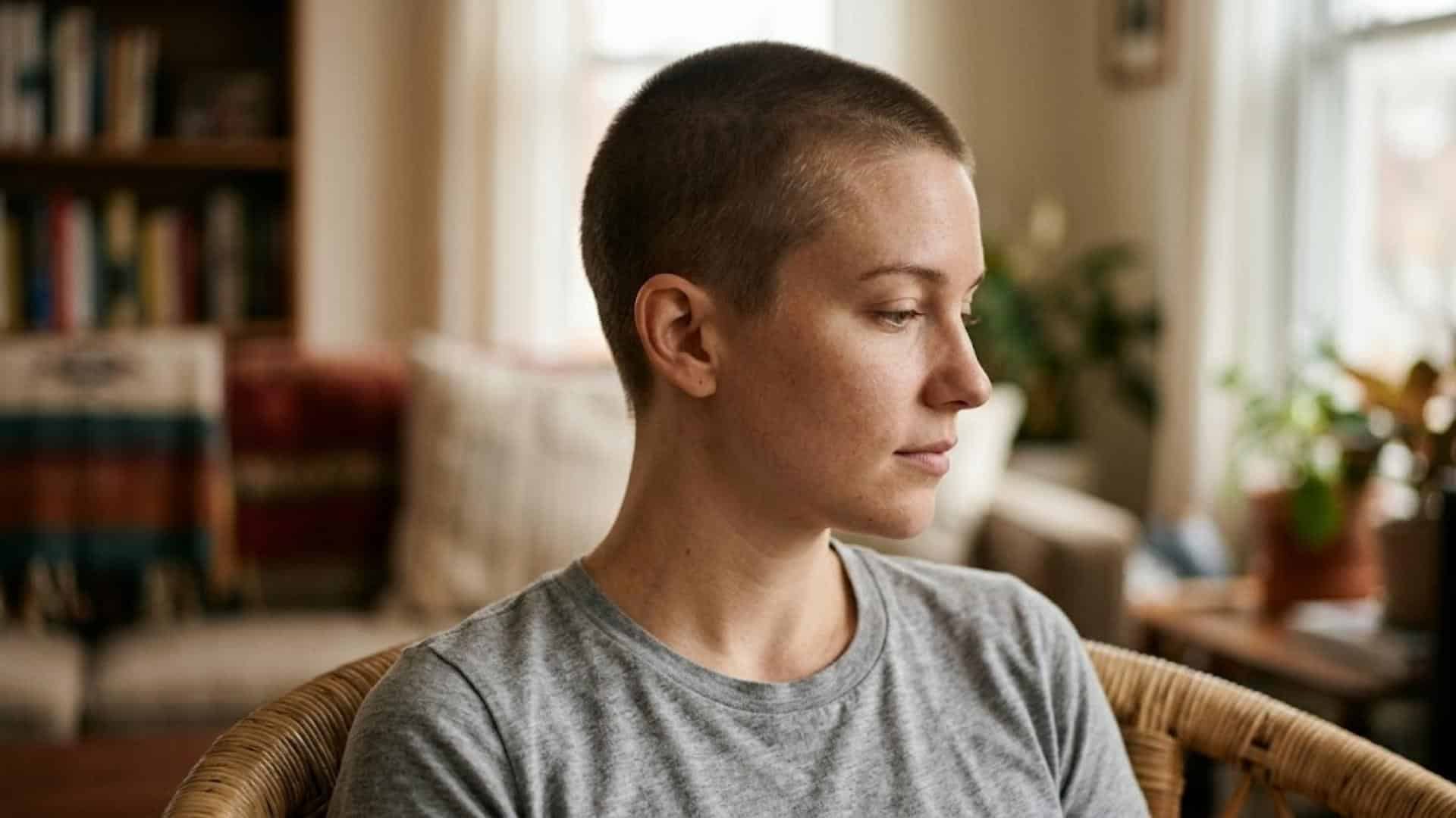 Clean buzz cut showing even, close-cropped hair all around.