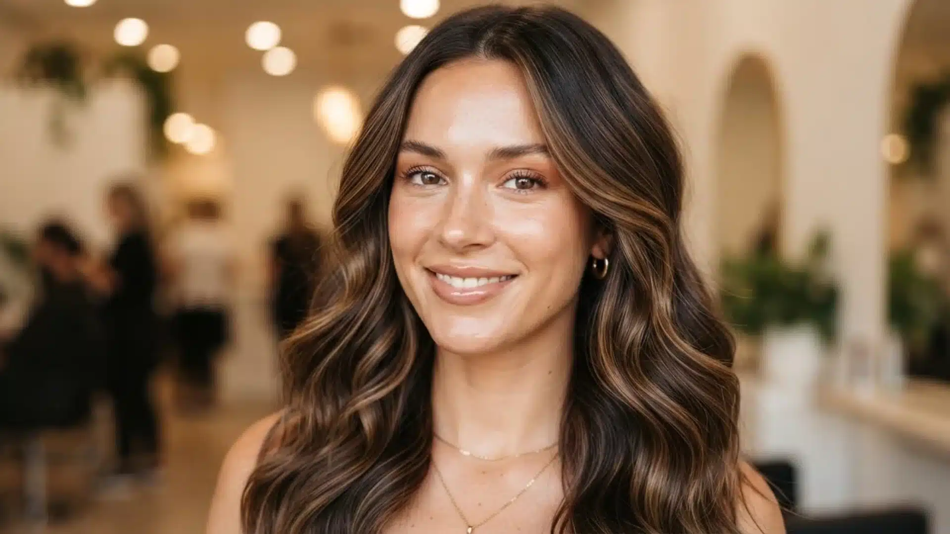 Smiling woman in a salon with long, wavy dark brown hair and warm caramel highlights