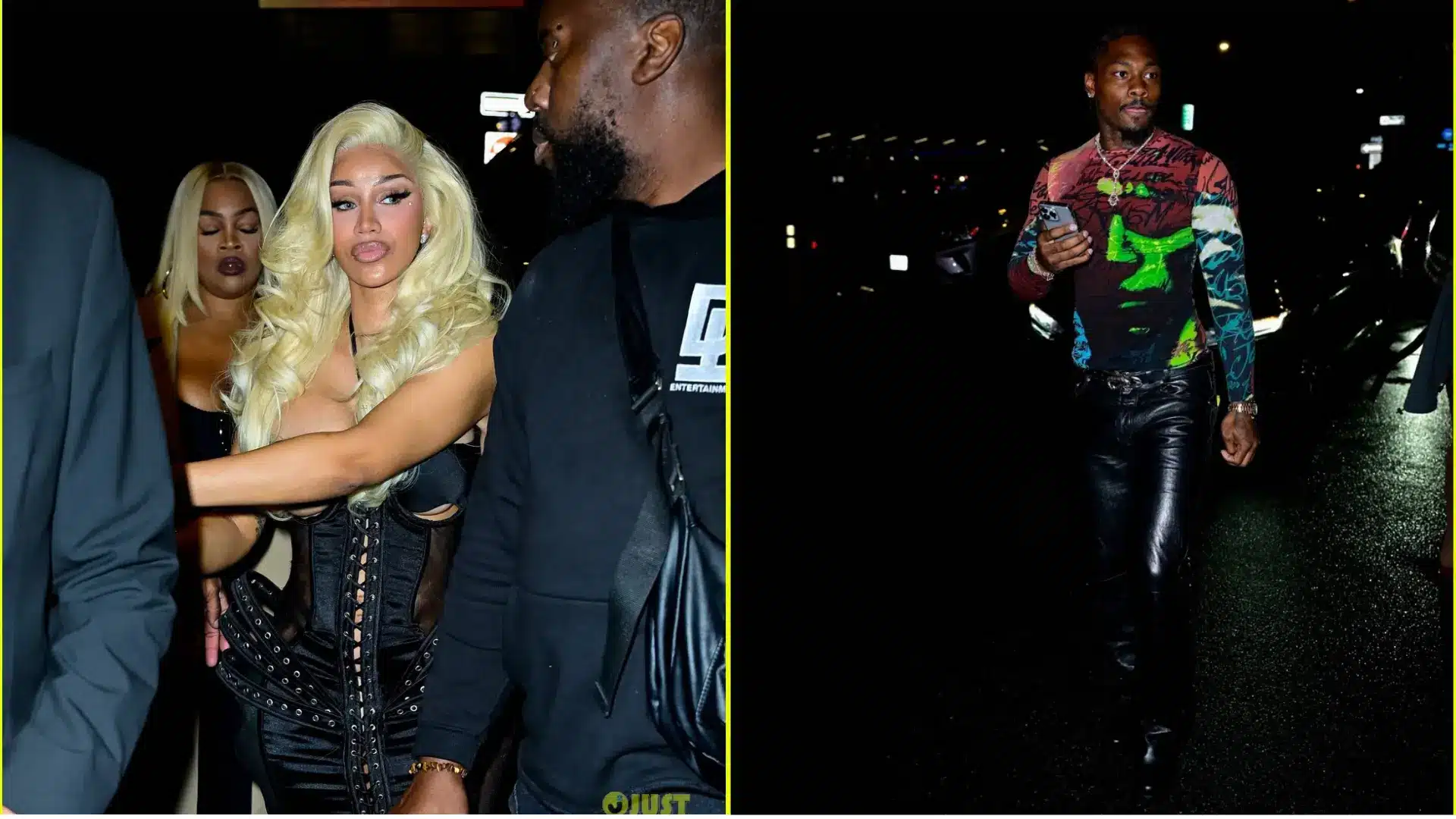 Split image of Cardi B in a black leather outfit and blonde wig, and Stefon Diggs walking in a colorful jacket.