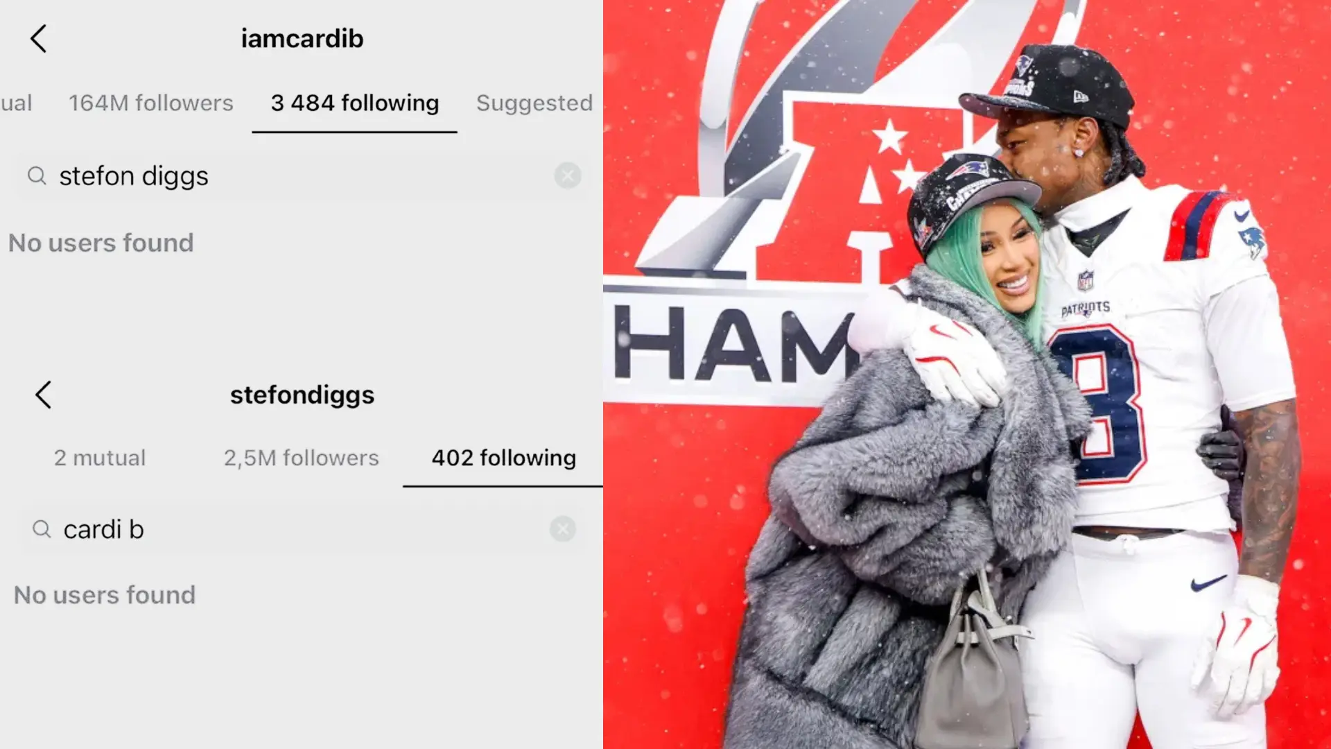 Instagram search results for Cardi B and Stefon Diggs above a photo of the couple in Patriots gear.