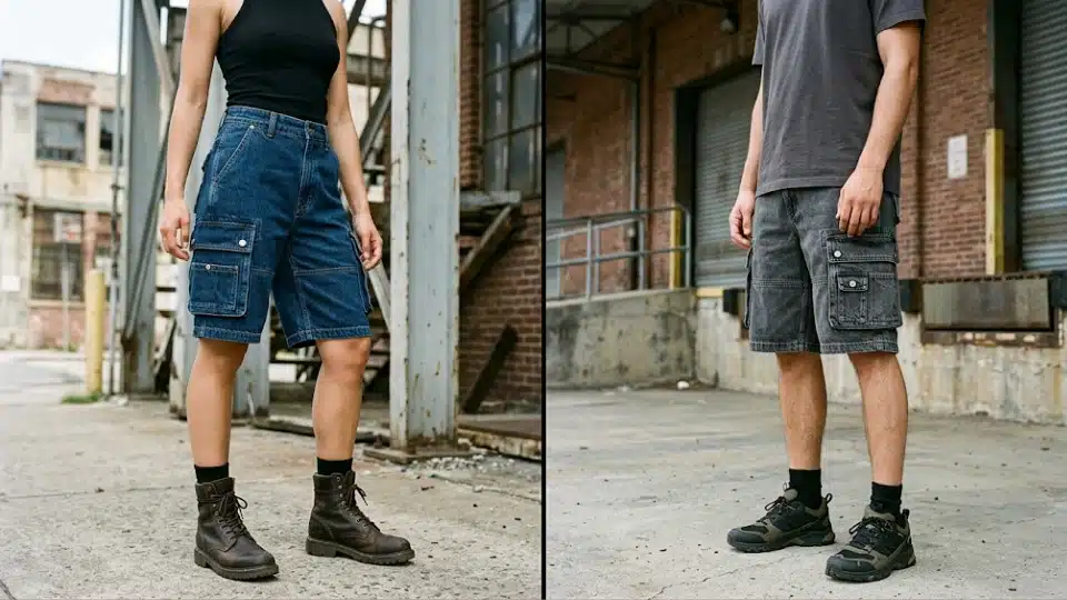 Woman and man wearing cargo jorts with utility pockets and streetwear outfits.