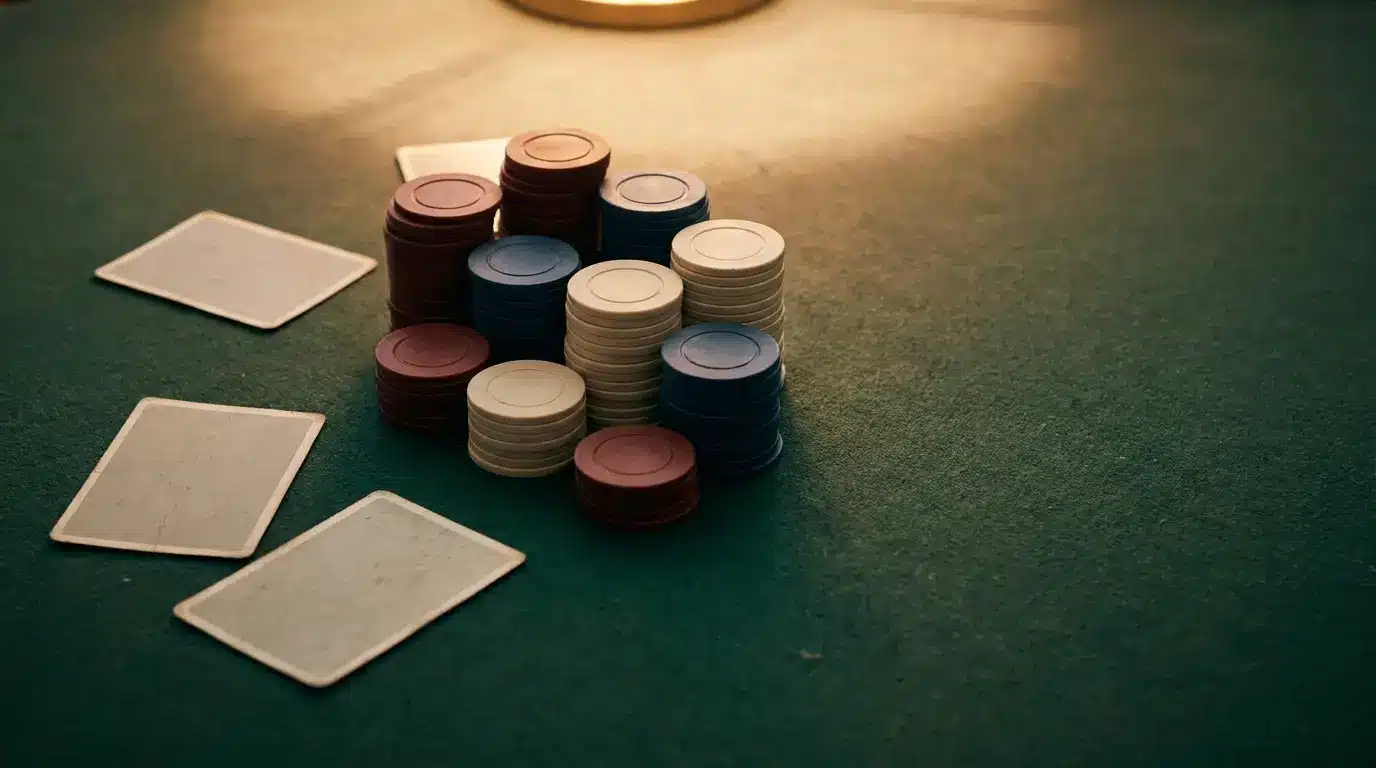 Poker chips stacked on green felt table with playing cards scattered nearby