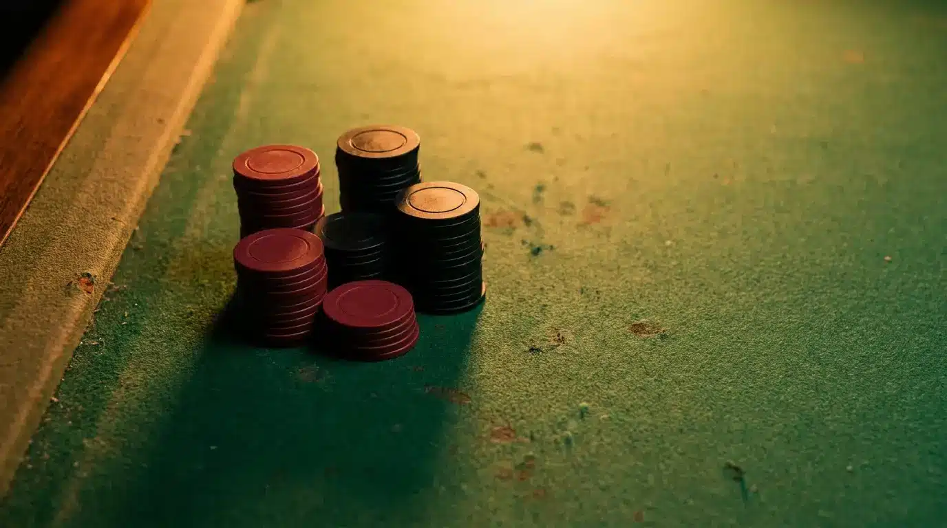 Stacks of poker chips on a green felt table under warm light