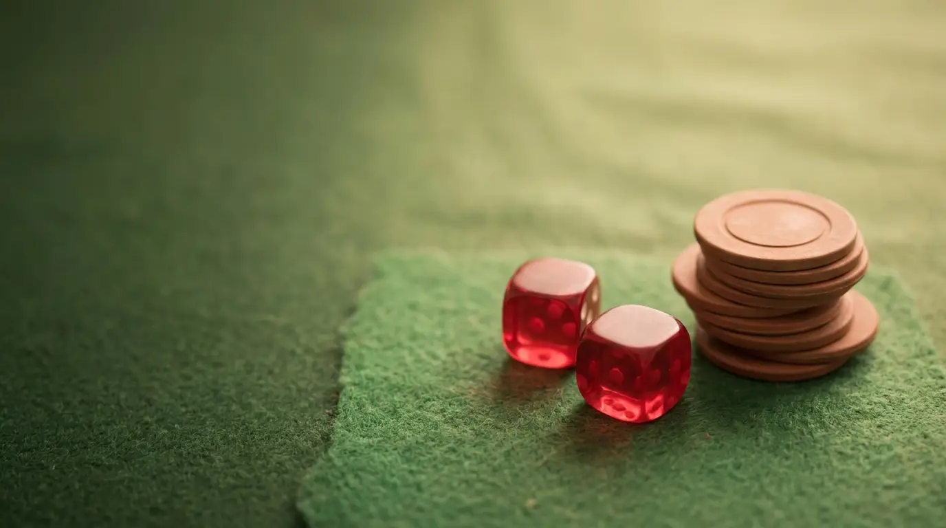 Red dice and stack of poker chips on green felt surface in soft lighting