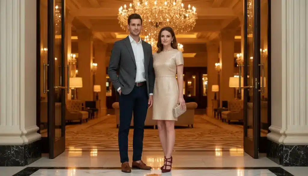Couple in formal attire standing in opulent hotel lobby with grand chandelier