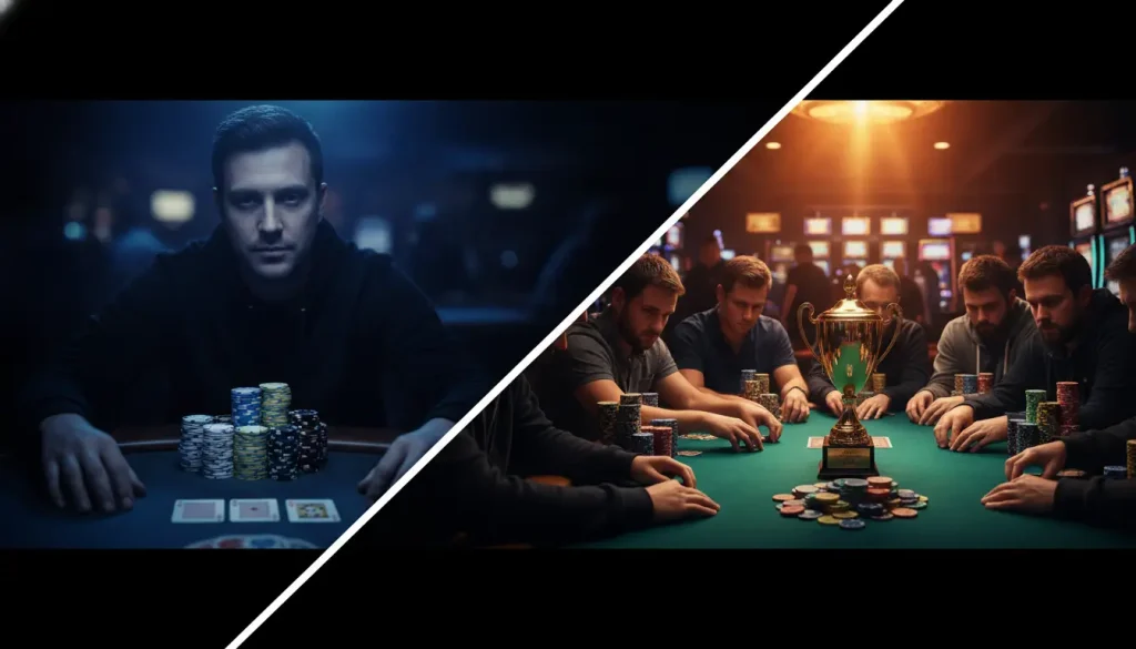 Poker players at table with chips and trophy in dimly lit casino setting