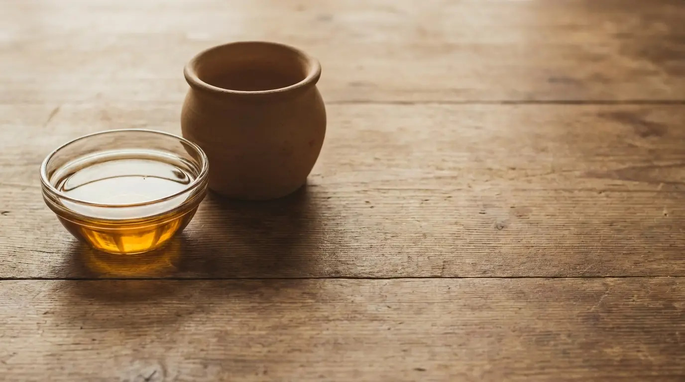 Glass bowl of honey and clay jar on rustic wooden table