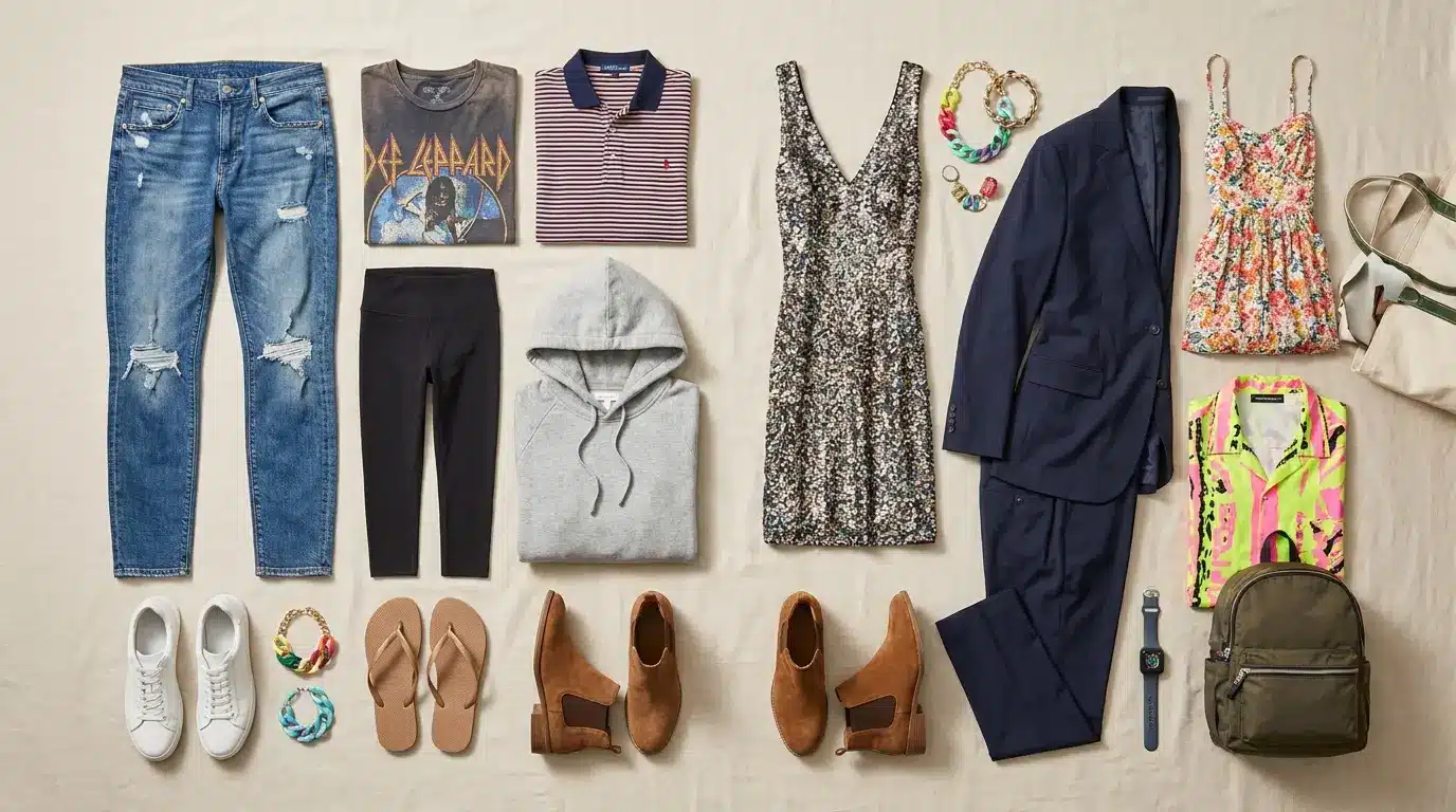 Casual clothing and accessories that are not appropriate for a black-tie event