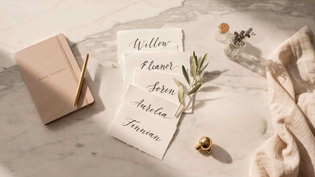 Celebrity baby names displayed on elegant name cards with a luxury editorial style setup