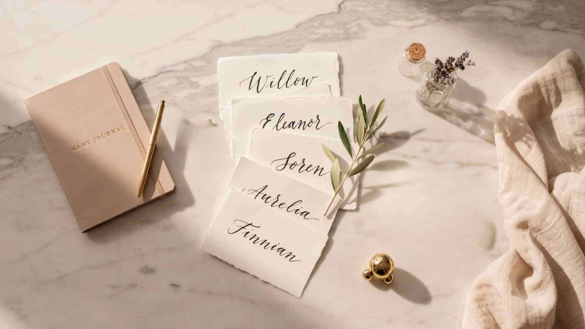 Celebrity baby names displayed on elegant name cards with a luxury editorial style setup