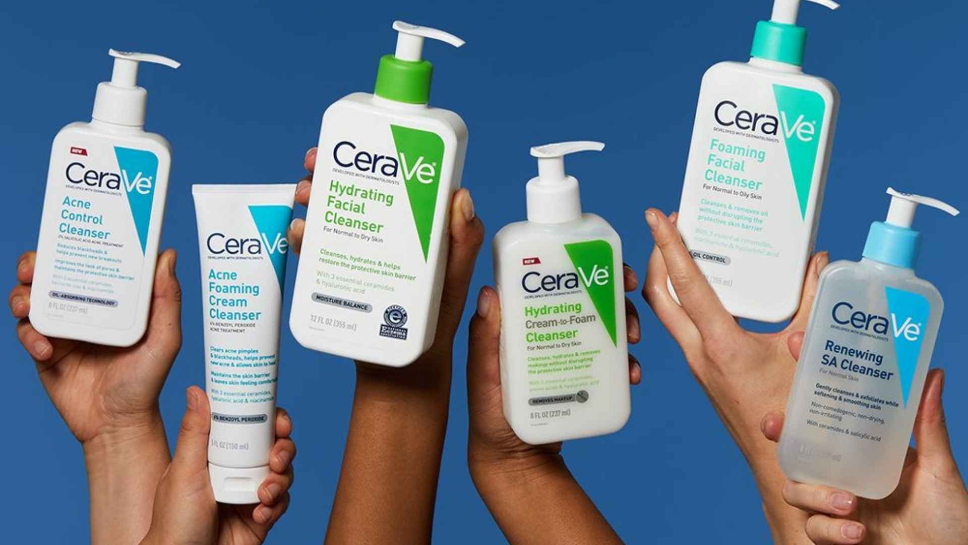 CeraVe cleanser range held by hands showing acne, hydrating, foaming, and SA cleansers