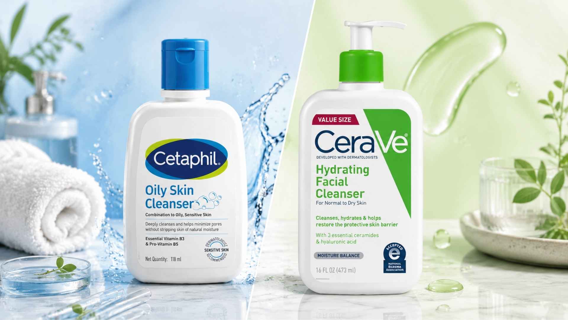 CeraVe and Cetaphil cleanser comparison with hydrating and oily skin products displayed
