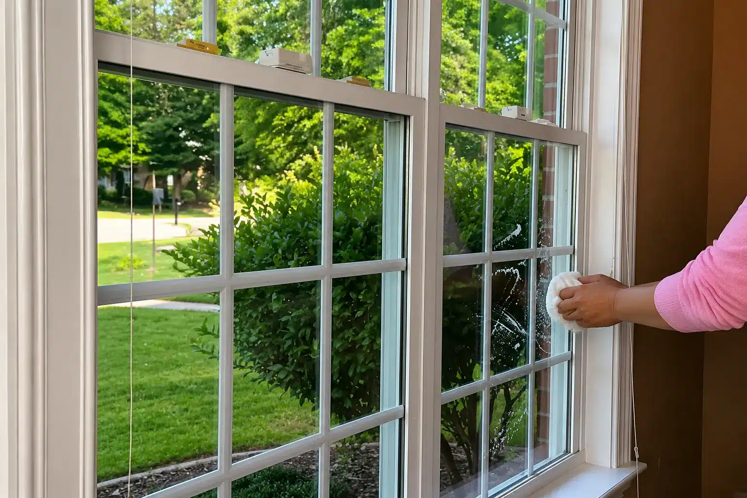 person cleaning a multi-pane window with a cloth while sunlight shines through a green outdoor yard
