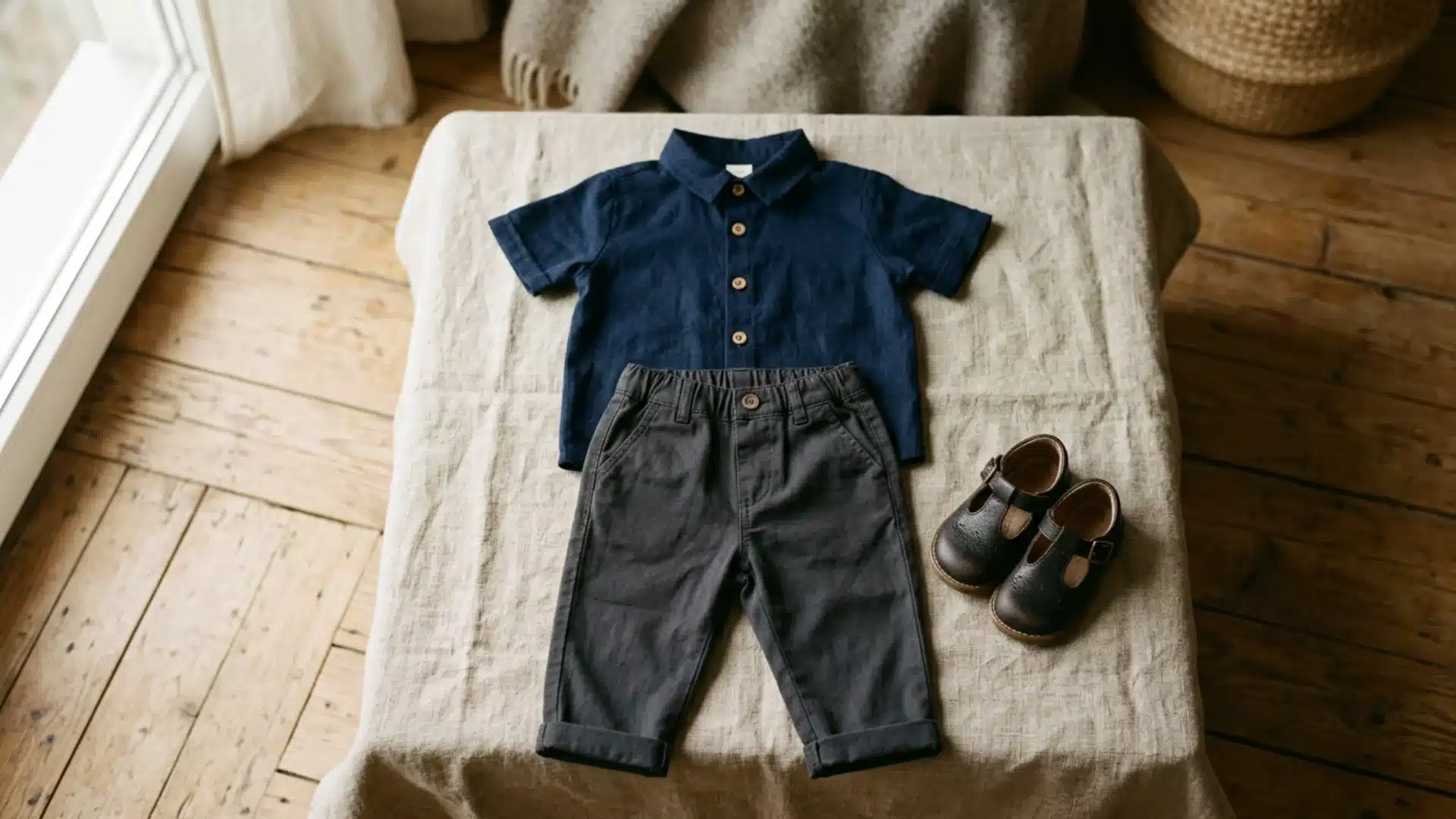 Dark gray button shirt with black corduroy trousers and brown lace up shoes arranged as respectful funeral attire for a child