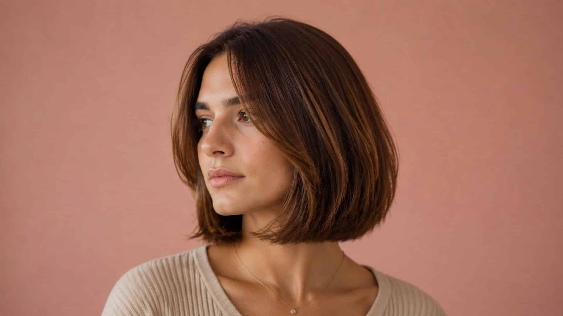 chin length bob with soft side-swept bangs and warm brunette tones.