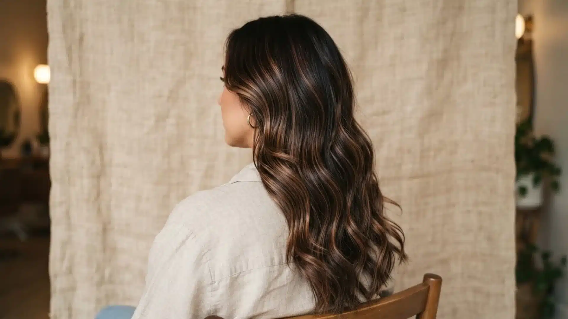 dark brown hair with subtle chocolate balayage strokes on linen cloth