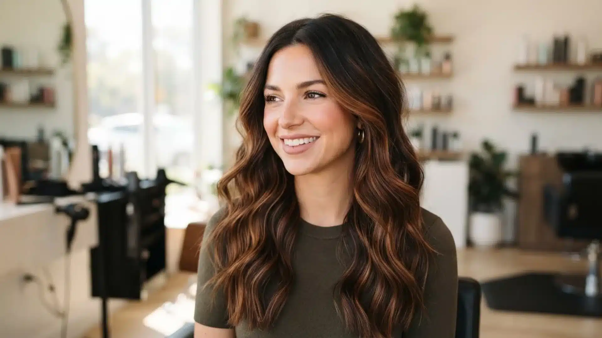 dark brown hair with cinnamon brown balayage highlights