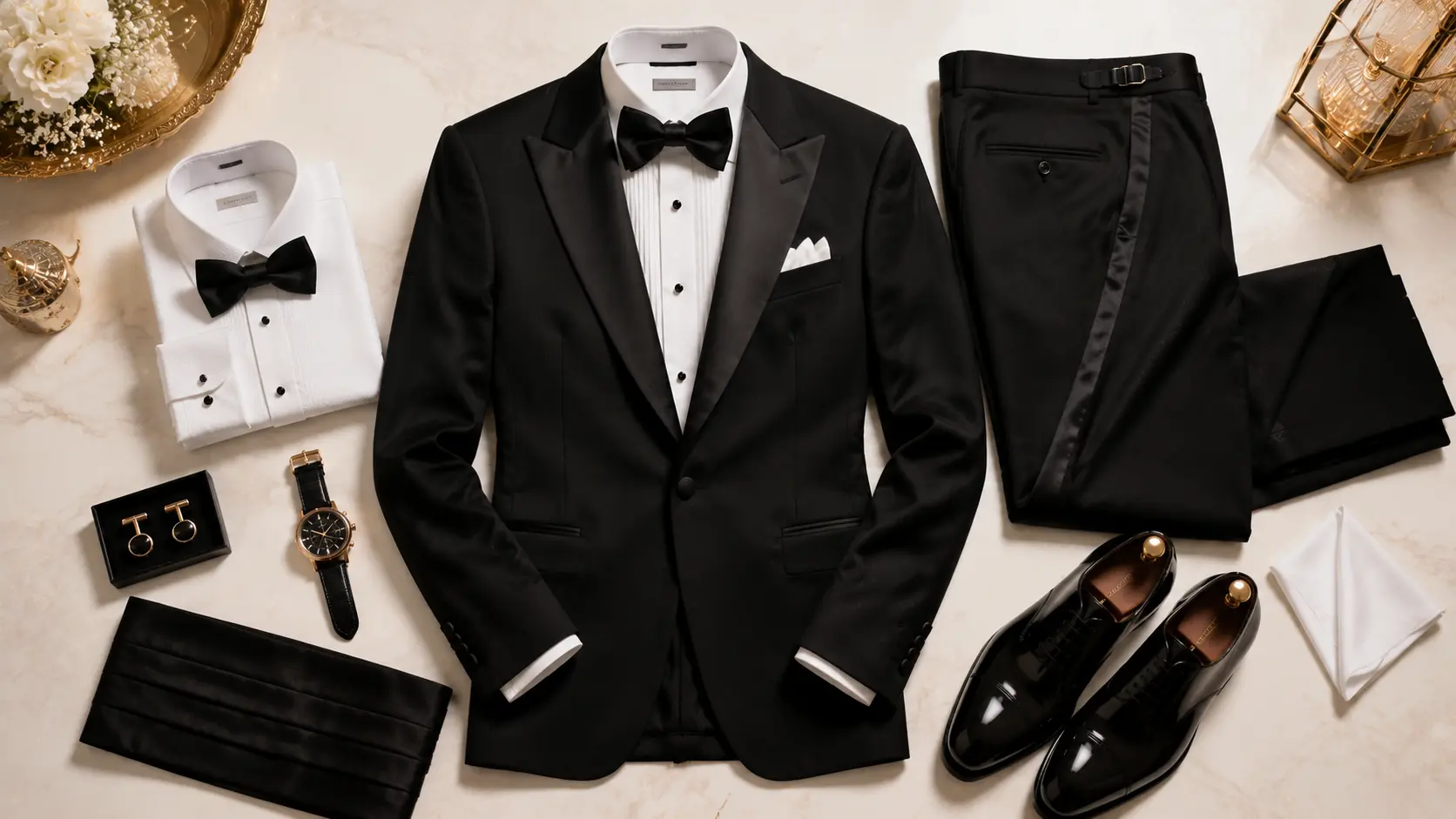 Classic men's black-tie outfit essentials arranged in a luxury flat lay