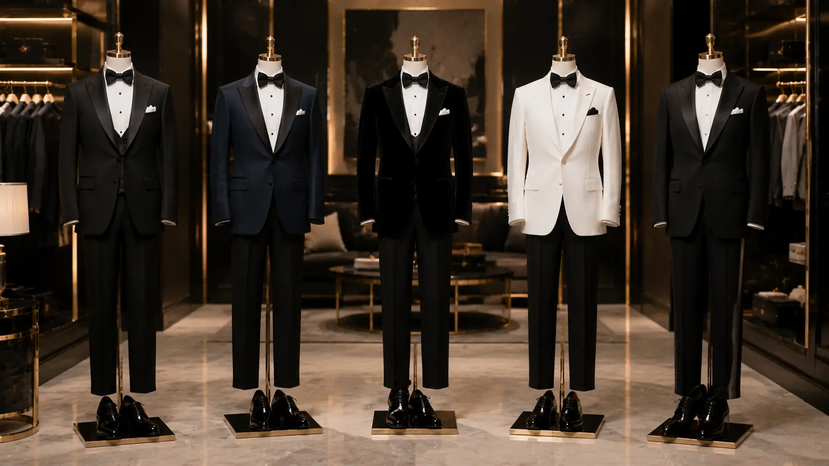 Classic men's black-tie outfit ideas displayed in a luxury menswear setting