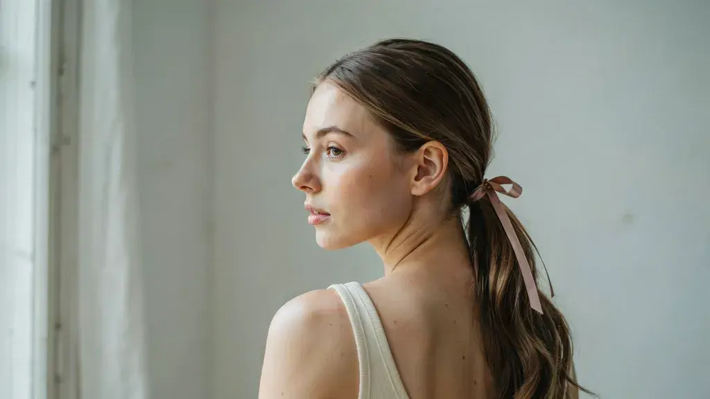 Sleek low ponytail hairstyles with a ribbon, showing simple ponytail hairstyles for everyday and slick ponytails.