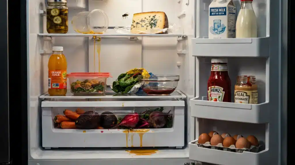 Cluttered open fridge with moldy cheese, spilled liquid, and messy produce drawer showing signs of neglect.