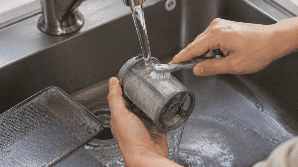Hands rinsing and scrubbing a cylindrical dishwasher filter under running kitchen faucet in stainless steel sink