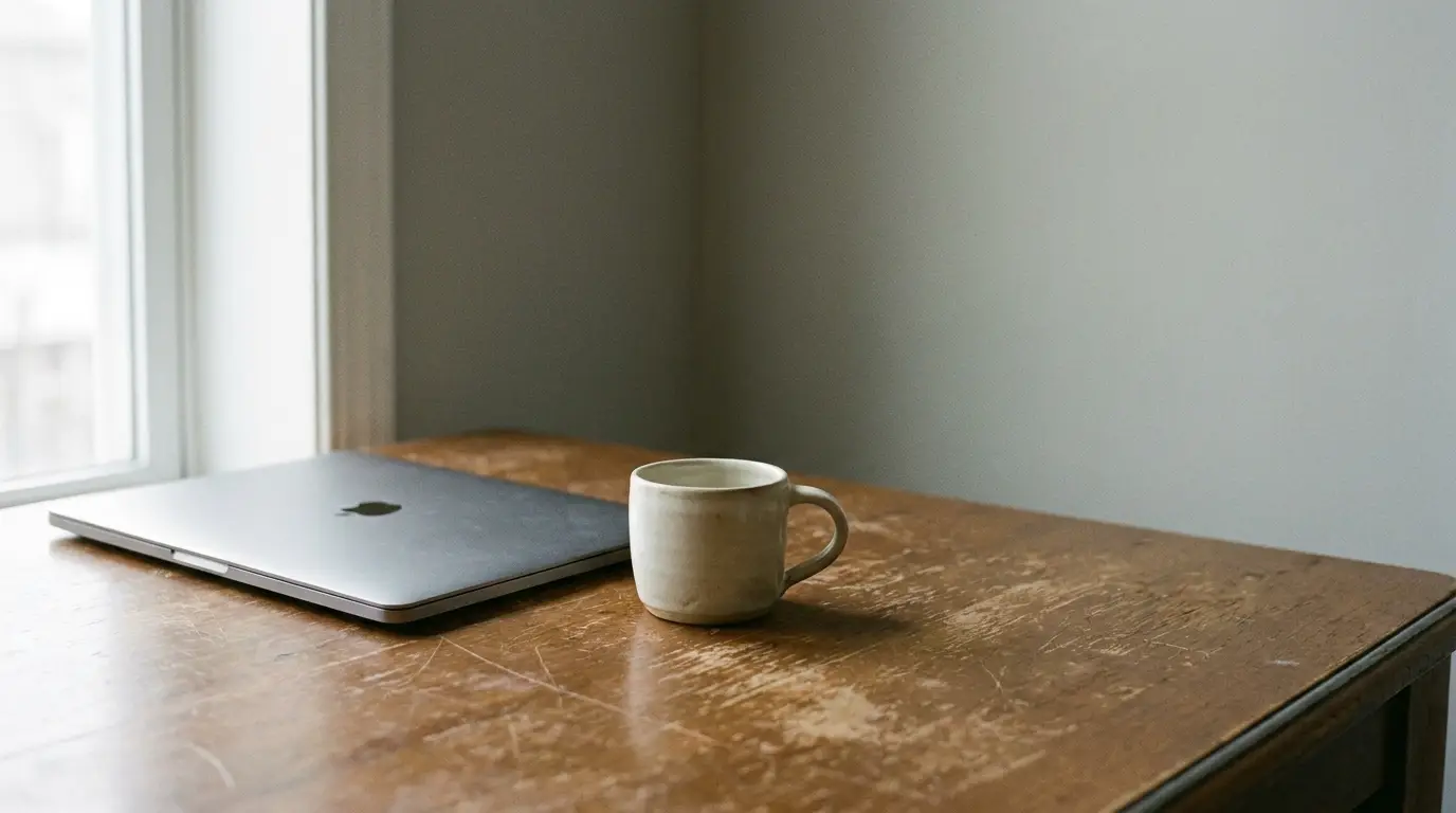Closed laptop and ceramic mug on a wooden desk near a window
