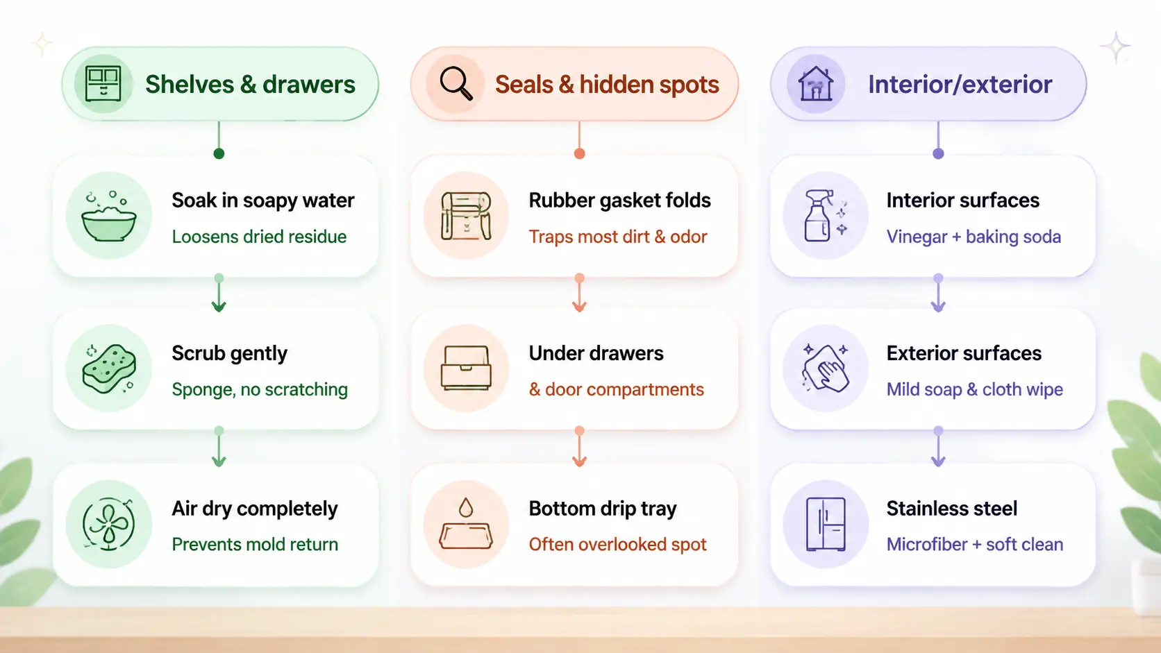 Three column infographic showing refrigerator cleaning steps for shelves seals and surfaces with methods and tips