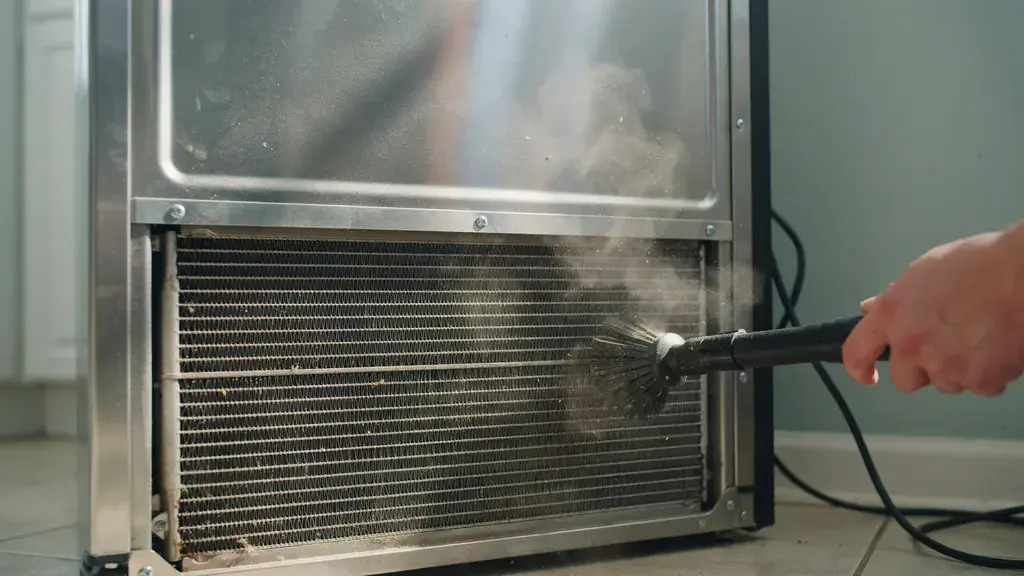 Close-up of a hand using a brush attachment to clean dusty condenser coils on the back of a refrigerator