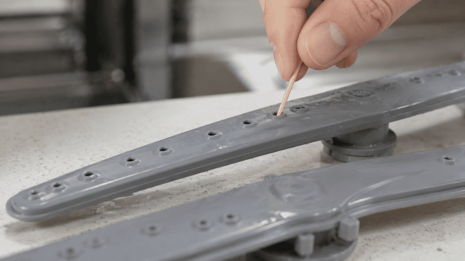 Hand using a toothpick to clear debris from holes in a dishwasher spray arm during maintenance cleaning.