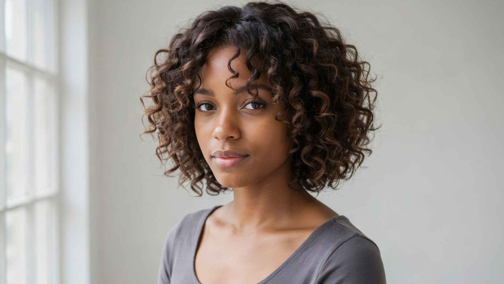 Woman with a coily layered bob for 4C hair featuring defined coils and balanced volume