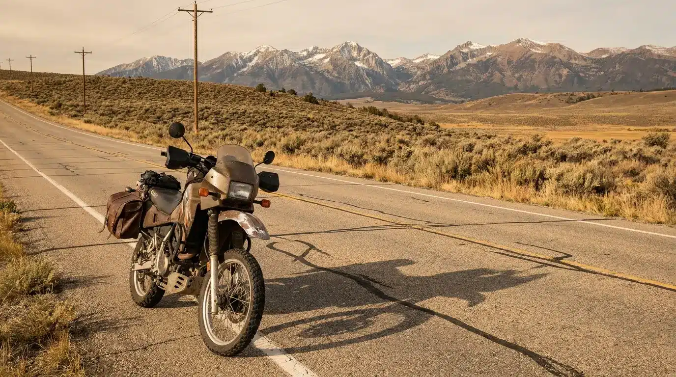 Motorcycle parked on desert road with distant mountain range under clear sky