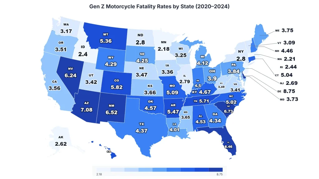 Map of the United States showing motorcycle fatality rates by state in shades of blue