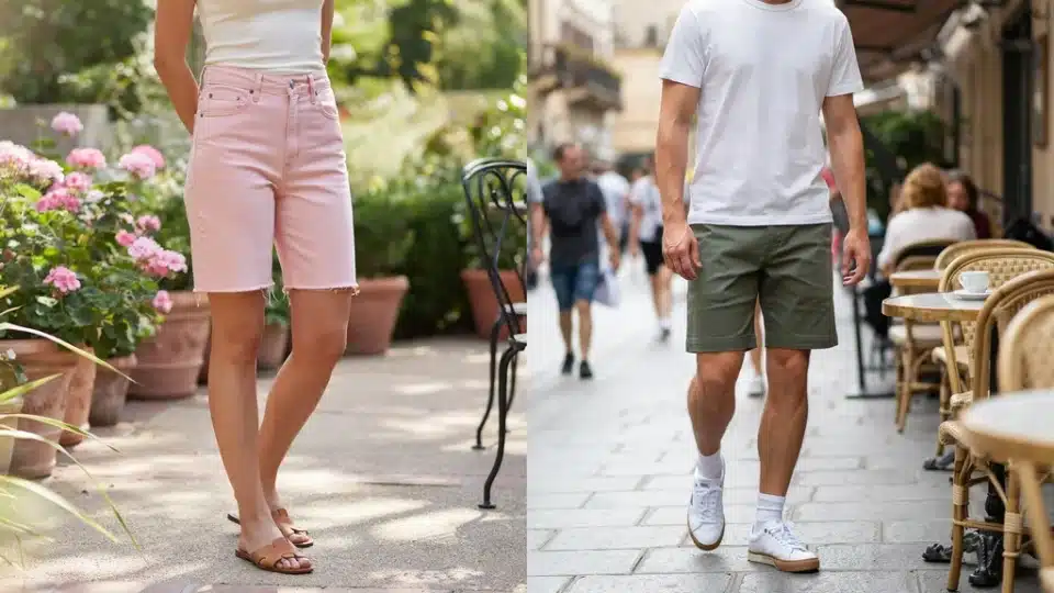 Woman and man wearing colorful denim jorts with simple summer outfits.