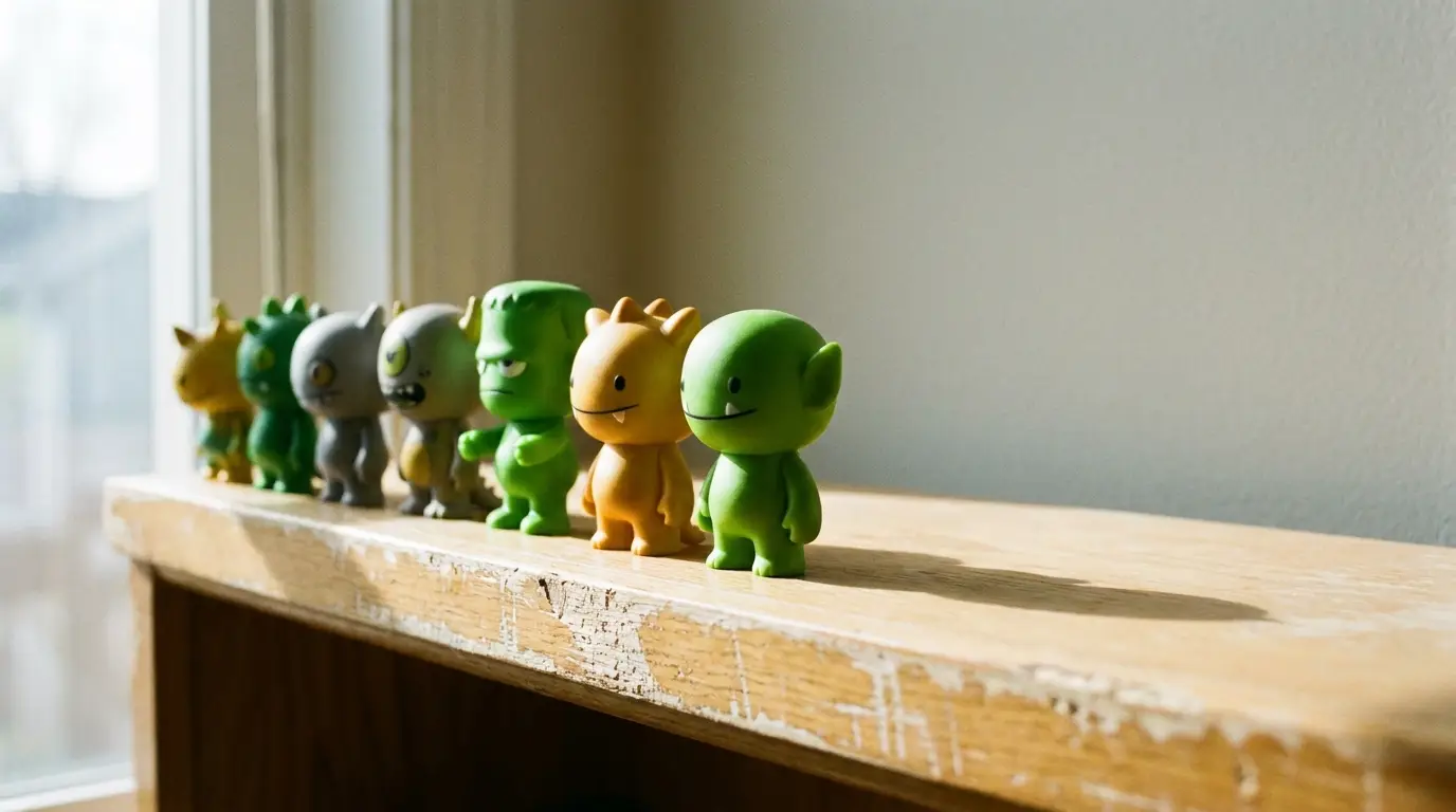 Colorful toy figurines with quirky expressions lined up on a wooden shelf in natural light