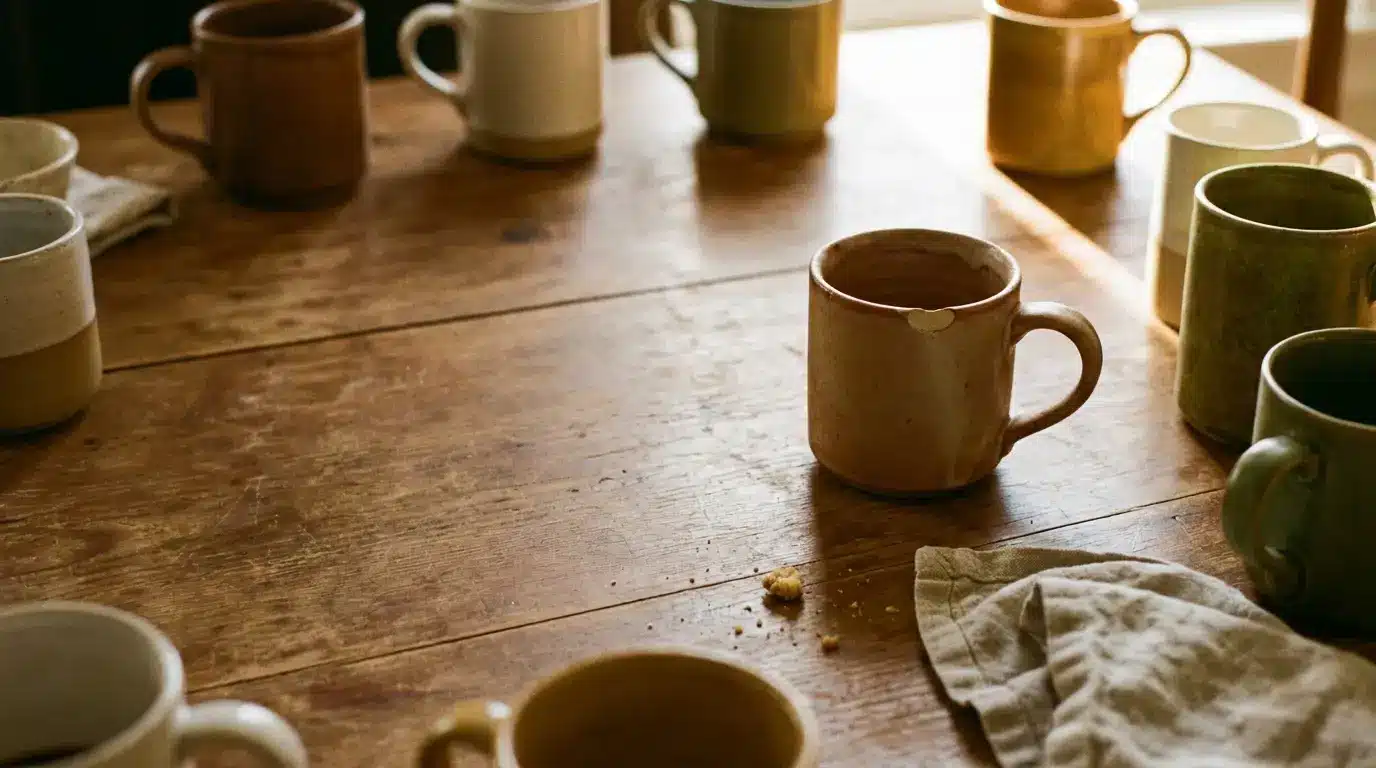 Ceramic mugs on rustic wooden table with scattered crumbs and napkin under warm light