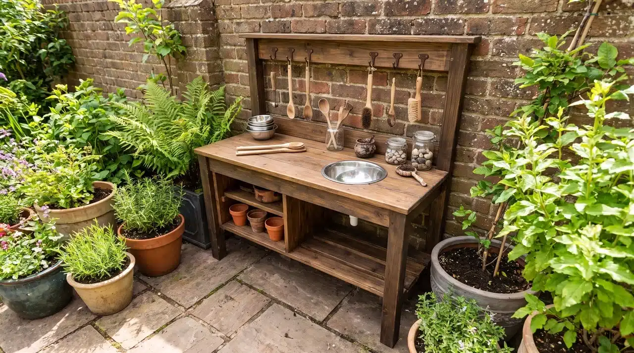 Compact wooden mud kitchen with sink and storage designed for small outdoor spaces.