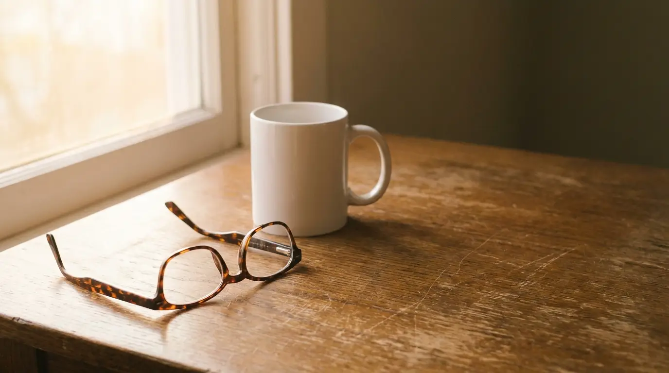 Tortoiseshell glasses and white mug on wooden table near window in soft natural light
