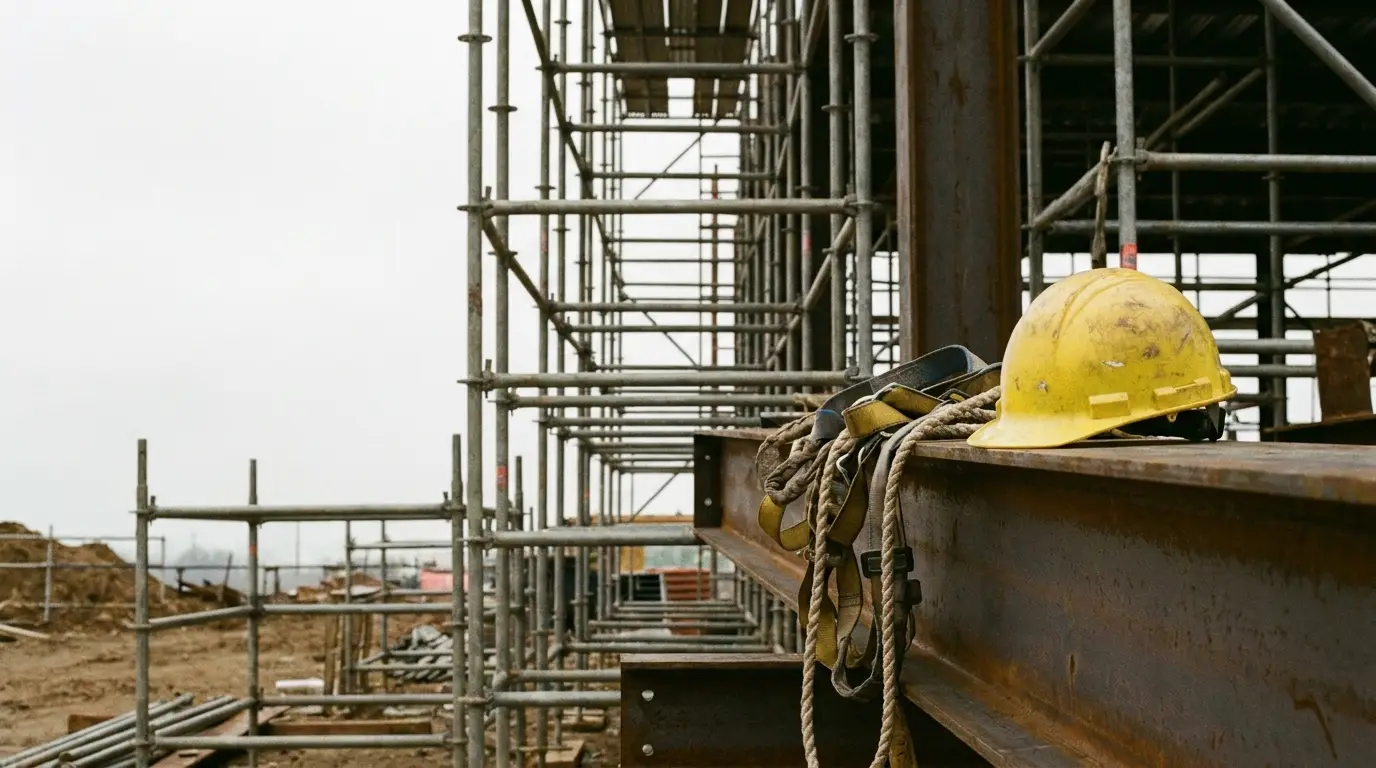 Yellow hard hat and safety gear resting on steel beam at construction site with scaffolding in background