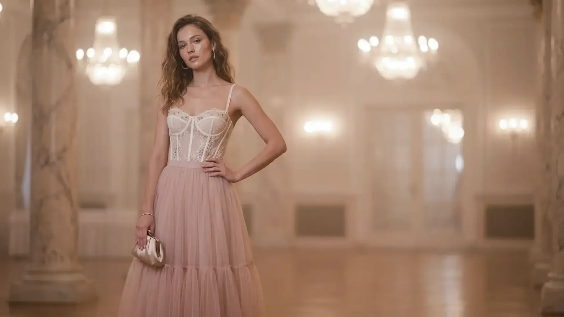 Woman in cream coquette corset top and blush tulle midi skirt at a candlelit party