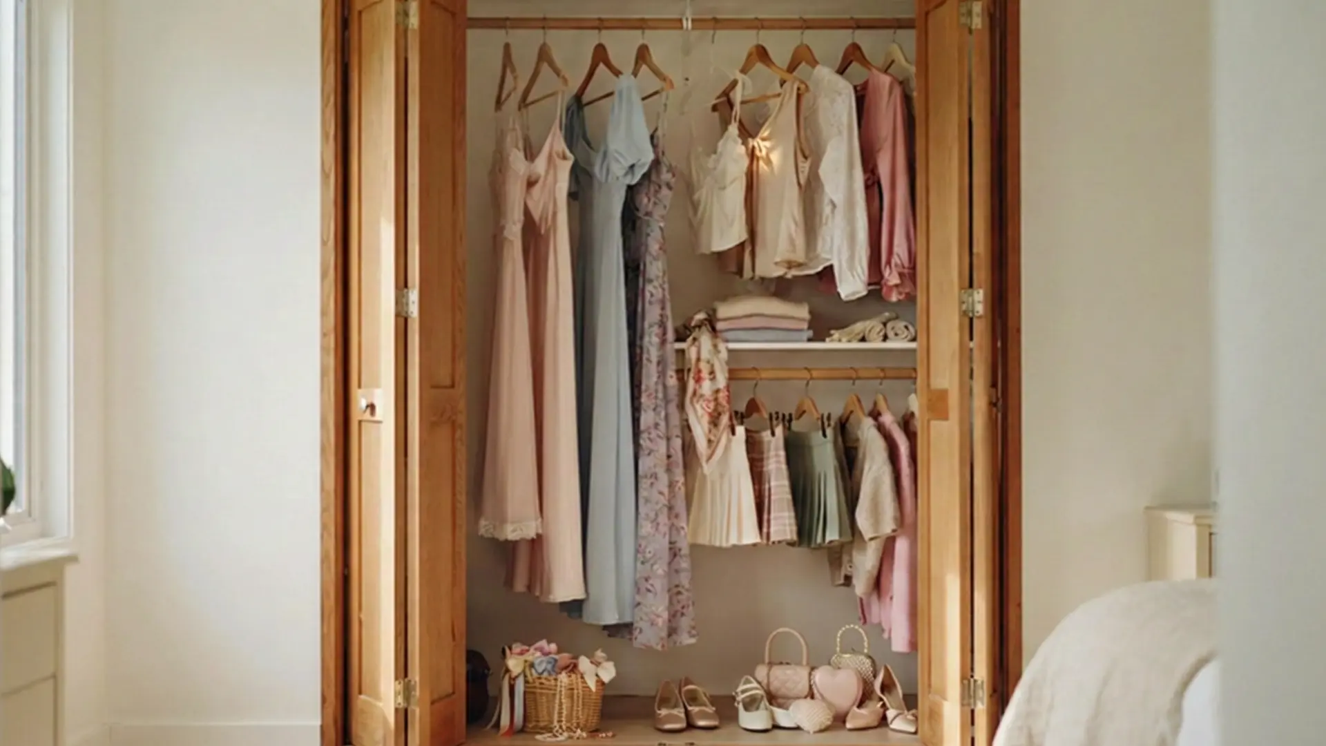 Open closet with pastel coquette dresses, blouses, and skirts alongside bows, bags, and ballet flats