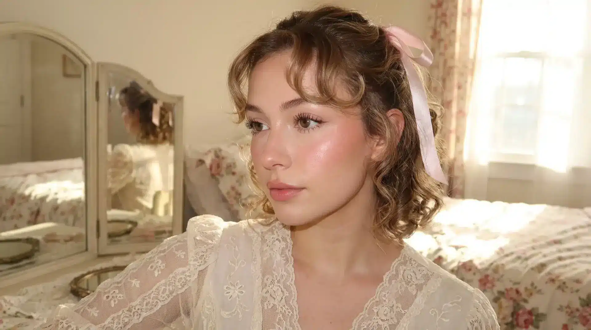 Coquette hairstyle with soft curls ribbon accessory and natural makeup look creating a romantic feminine bedroom style