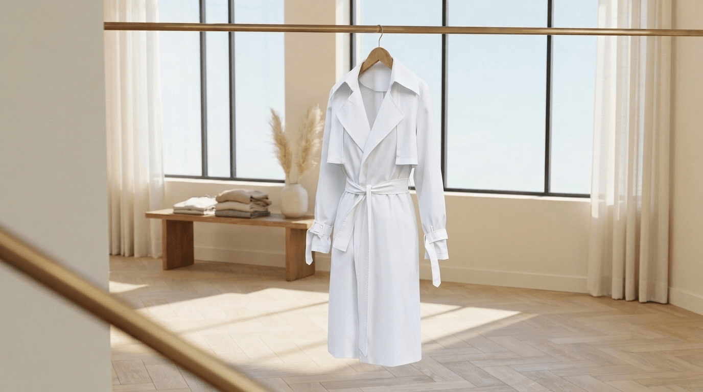 White lightweight trench coat hanging in a sunlit minimalist studio with large windows and wooden flooring.