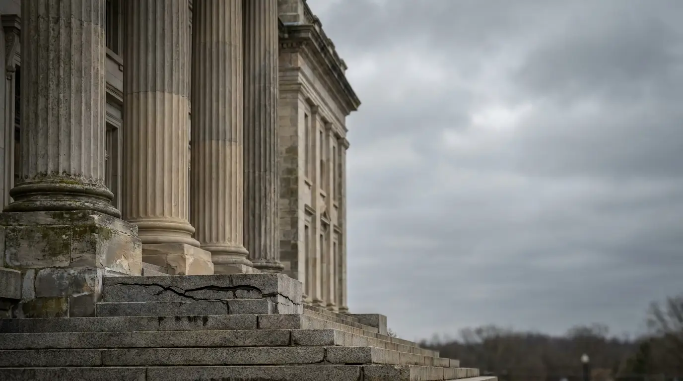 Stone columns and steps of an old building in overcast outdoor setting