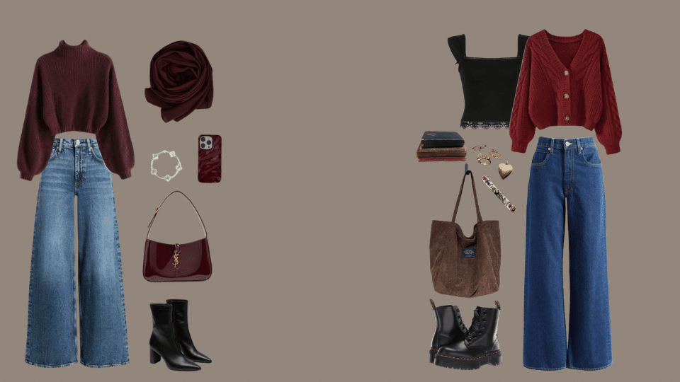 cozy indie outfit with oversized cardigan, turtleneck, wide-leg trousers, loafers, and tote bag.