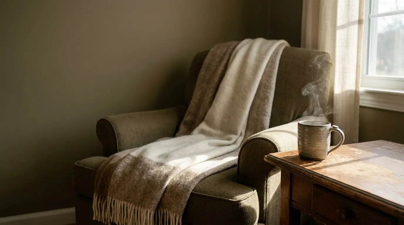 Cozy armchair with wool blanket and steaming mug on wooden table in sunlit room