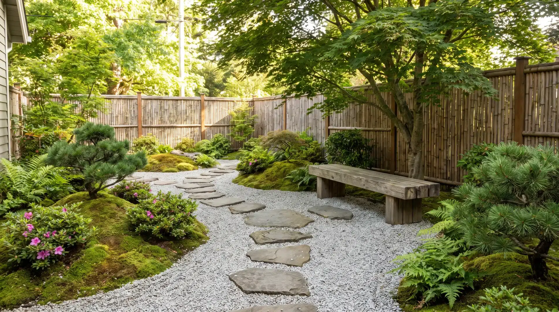 Japanese tea garden with a stone path, wooden seating area, gravel, and plants